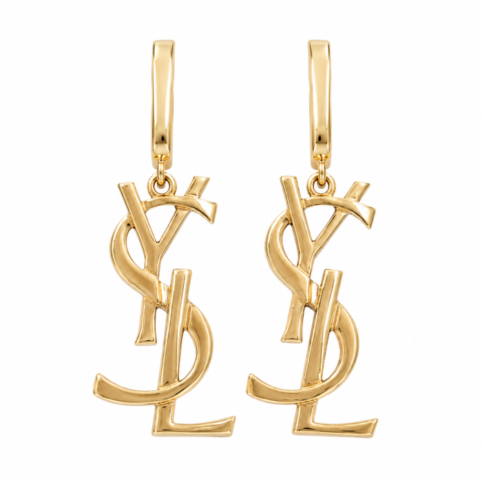 Золоті сережки-підвіски з декоративним логотипом YSL Артикул C312