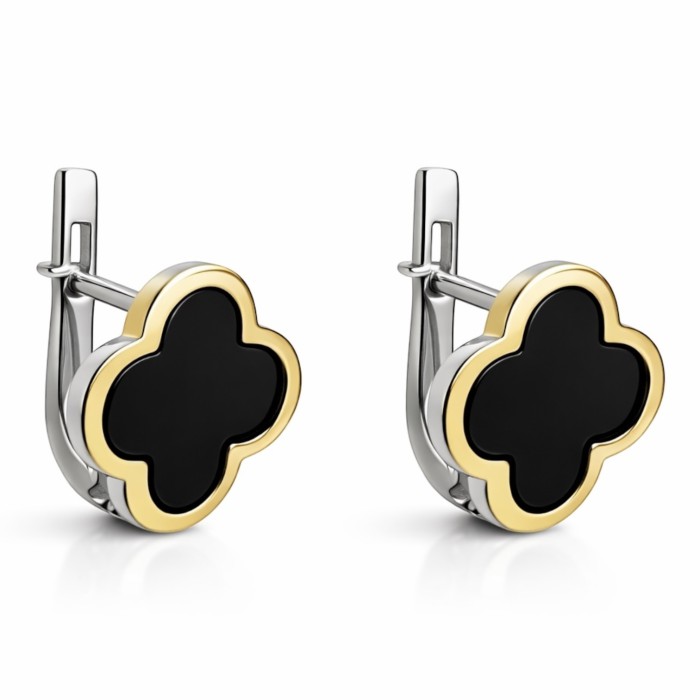 Срібні сережки з чорною емаллю та золотою пластиною Артикул 477С.Rh