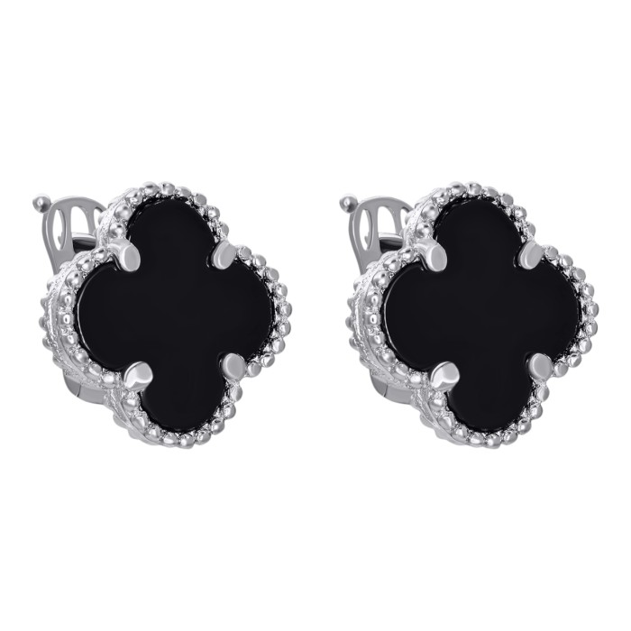 Срібні сережки Листок щастя з оніксом . Артикул  С-616 Rh