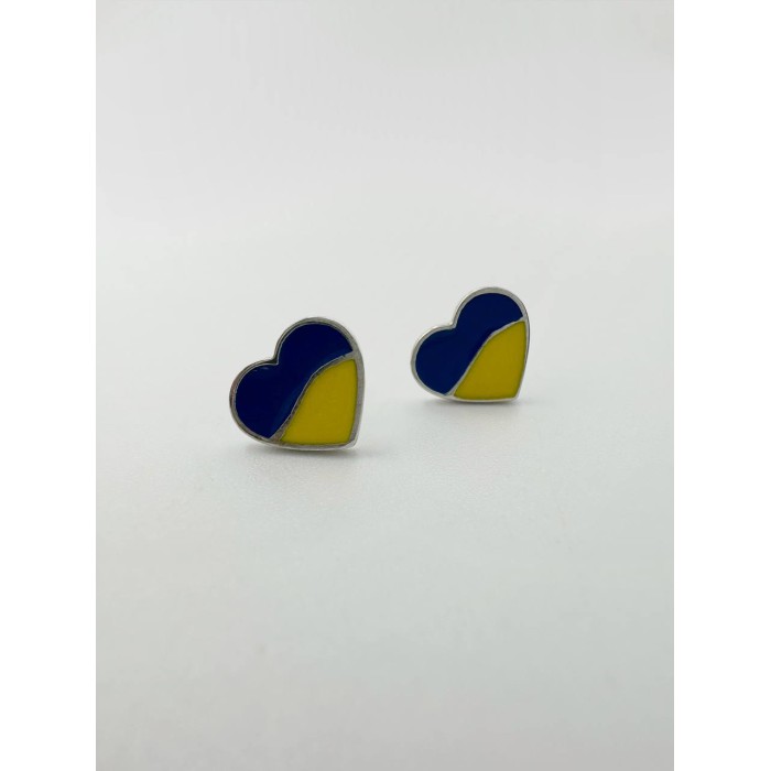 Срібні сережки Сердечка з синьо-жовтою емаллю. Артикул 795